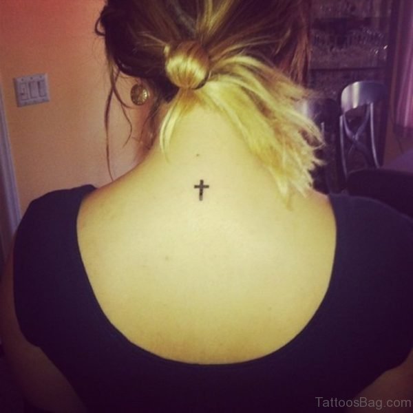 Black Tiny Cross Tattoo On Girl Nape