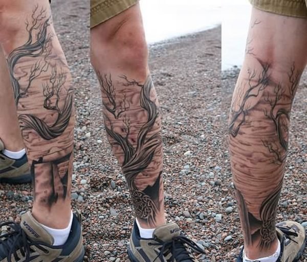Black Tree Tattoo Design For Leg