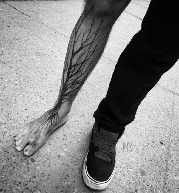 Black Tree Tattoo Design On Leg