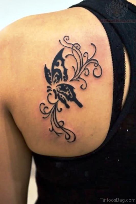 Black Tribal Butterfly Tattoo On Back Shoulder
