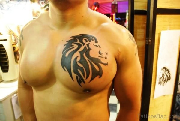 Black Tribal Lion Tattoo On Chest