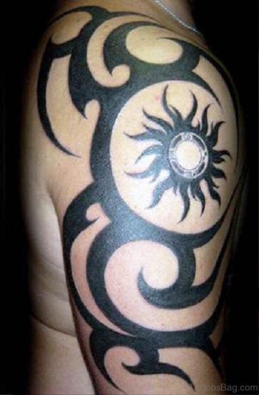 Black Tribal Tattoo Design On Shoulder