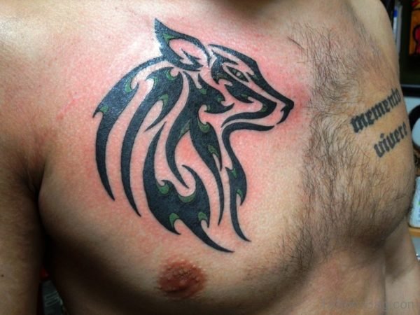 Black Tribal Wolf Tattoo On Chest