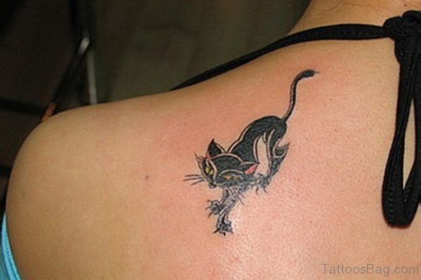 Black Walking Cat Tattoo On Shoulder