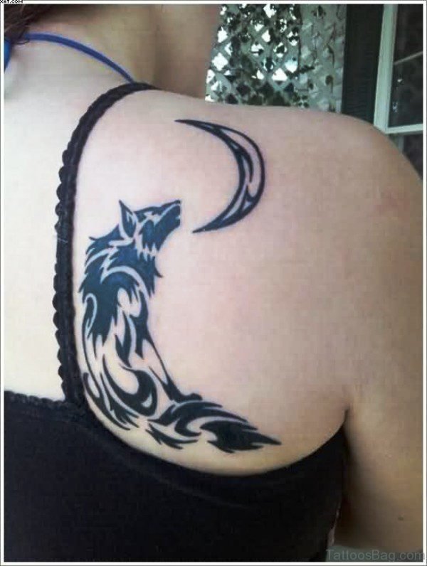 Black Wolf With Moon Tattoo Design