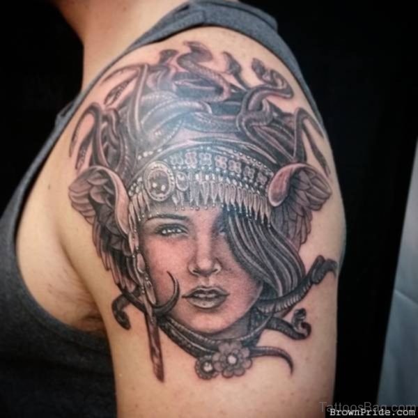 Black and Grey Medusa Tattoo On Shoulder 