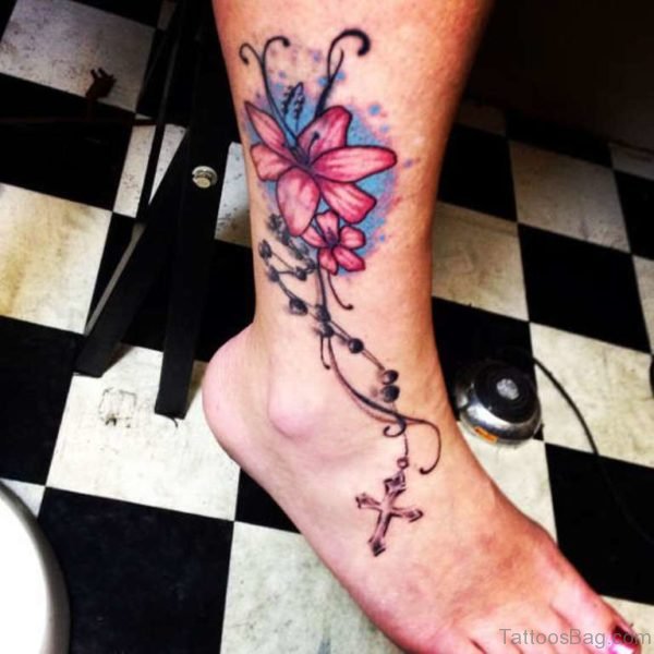 Blessed Cross Rosary Ankle Tattoo Design
