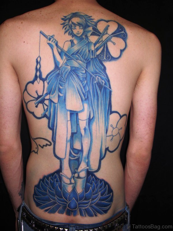 Blue Anime Tattoo On Back