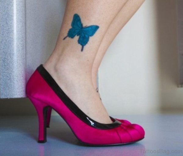 Blue Butterfly Tattoo On Ankle 