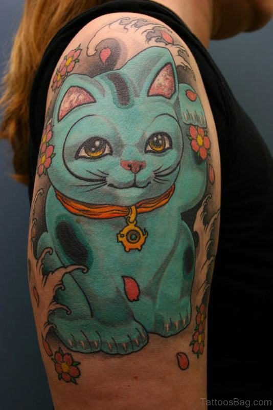 Blue Cat Shoulder Tattoo