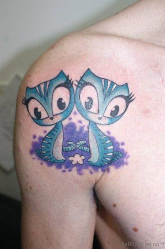 Blue Cat Tattoo On Shoulder