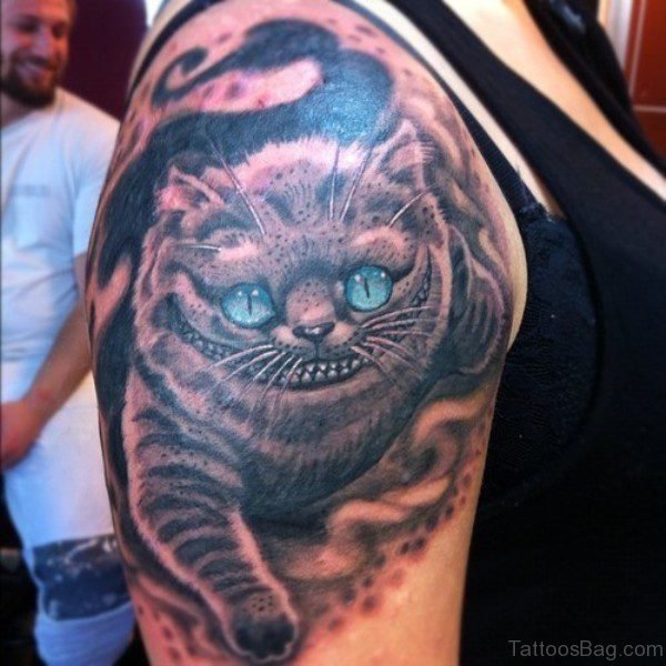Blue Eye Cat Tattoo On Shoulder