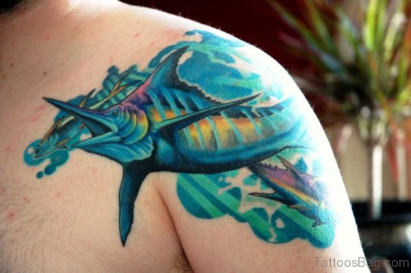Blue Fish Tattoo On Shoulder