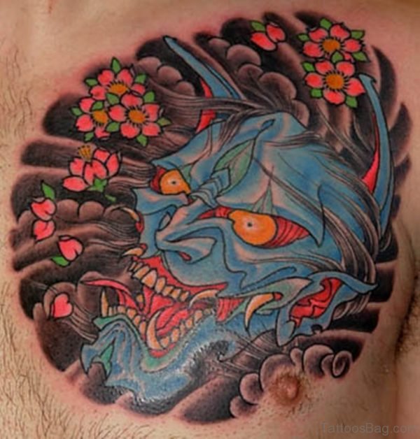 Blue Ink Hannya Tattoo On Man Chest