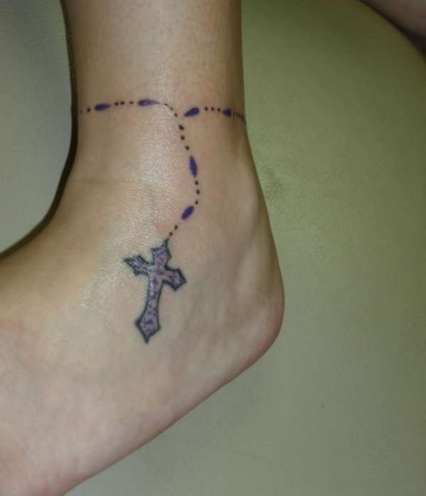 Blue Ink Rosary Tattoo On Ankle
