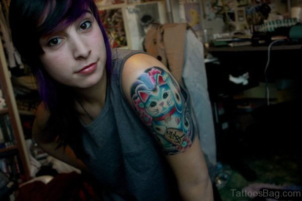 Blue Kitty Tattoo On Shoulder