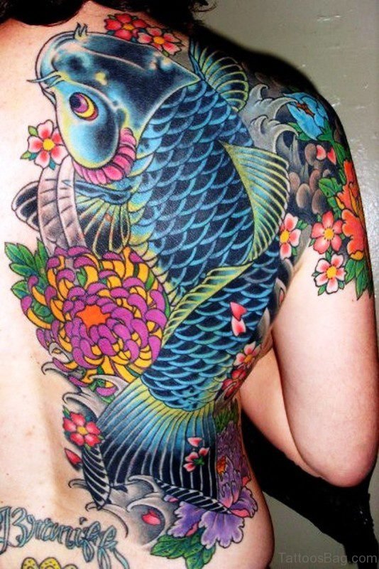 Blue Koi Fish Tattoo On Back