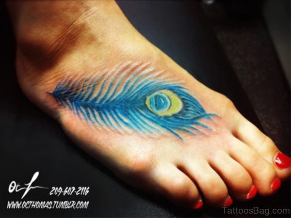Blue Peacock Feather Tattoo On Foot