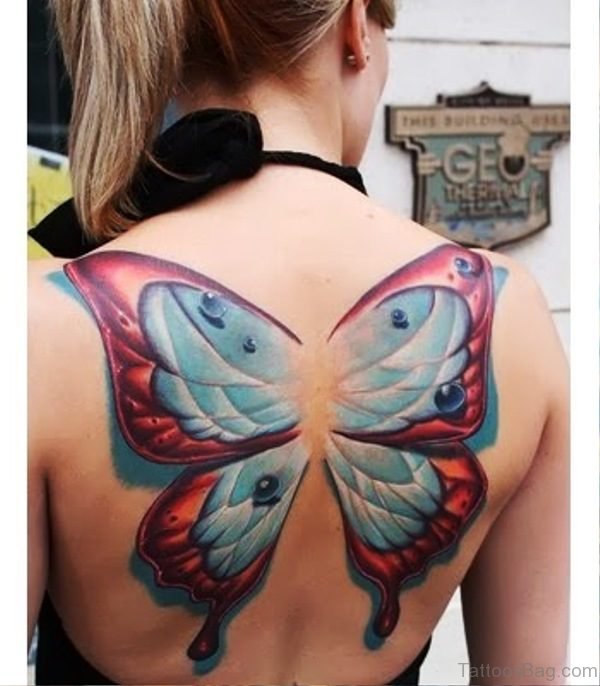 Blue Red Butterfly Tattoo On Back