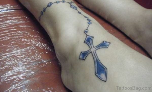 Blue Rosary Tattoo For Ankle