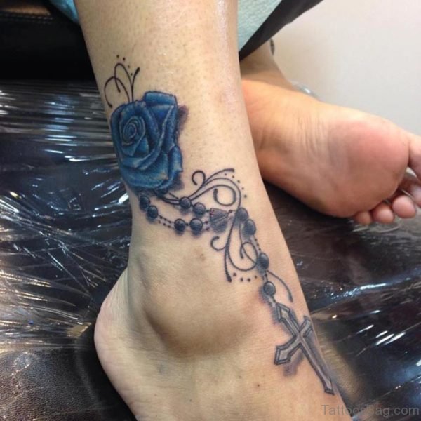 Blue Rose And Rosary Tattoo