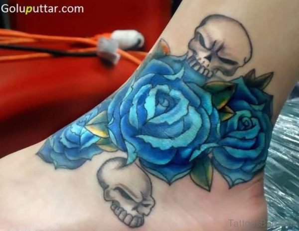 Blue Rose And Skull Tattoo On Ankle