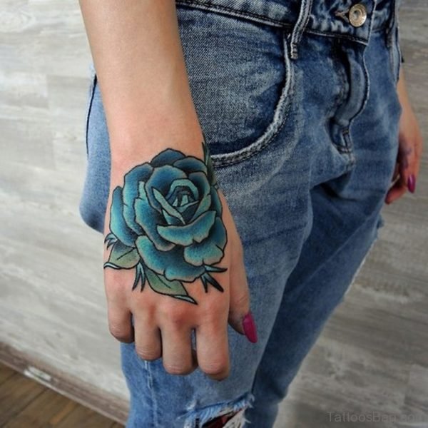 Blue Rose Tattoo On Hand For Women