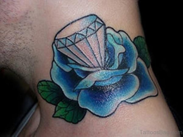 Blue Rose With Diamond Tattoo On Neck