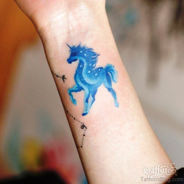 Blue Unicorn Tattoo On Wrist
