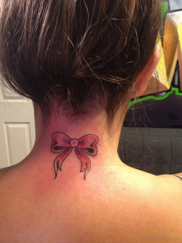 Bow Tattoo On Back On Neck 
