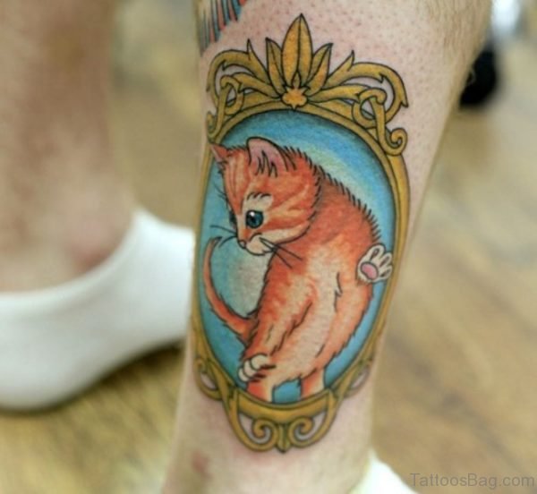 Brown Cat Tattoo On Leg