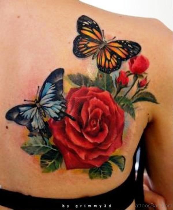 Butterflies With Rose Tattoo On Back Shoulder