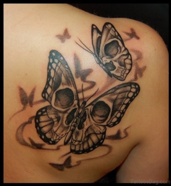 Butterfly Girl Skull Tattoo on Upper Back 