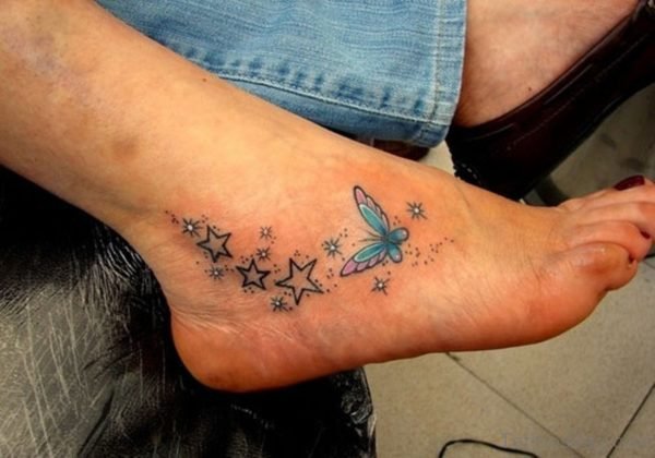 Butterfly With Star Tattoo On Foot