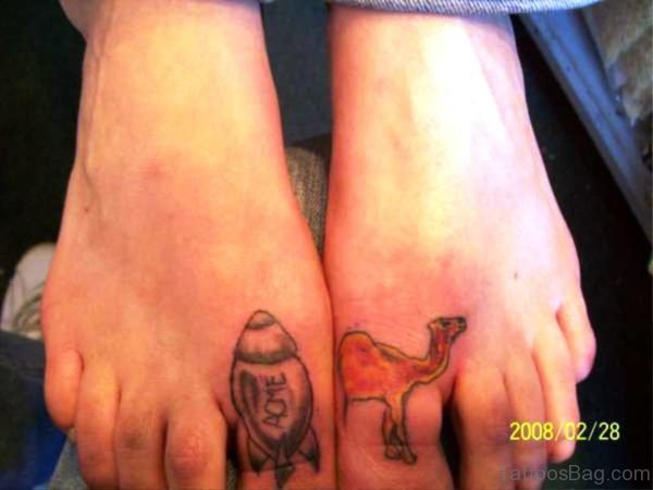 Camel And Missel Tattoos On Both Toes