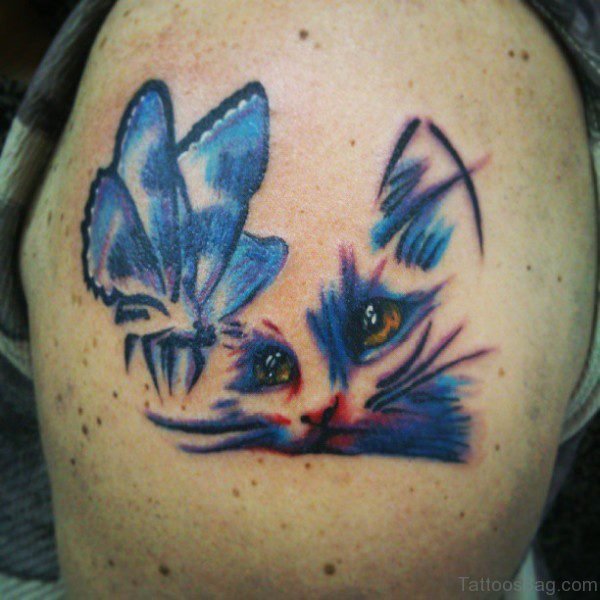 Cat And Butterfly Tattoo On Shoulder