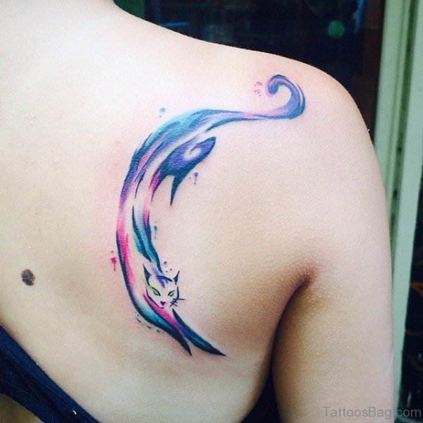 Cat And Fish Tattoo On Shoulder