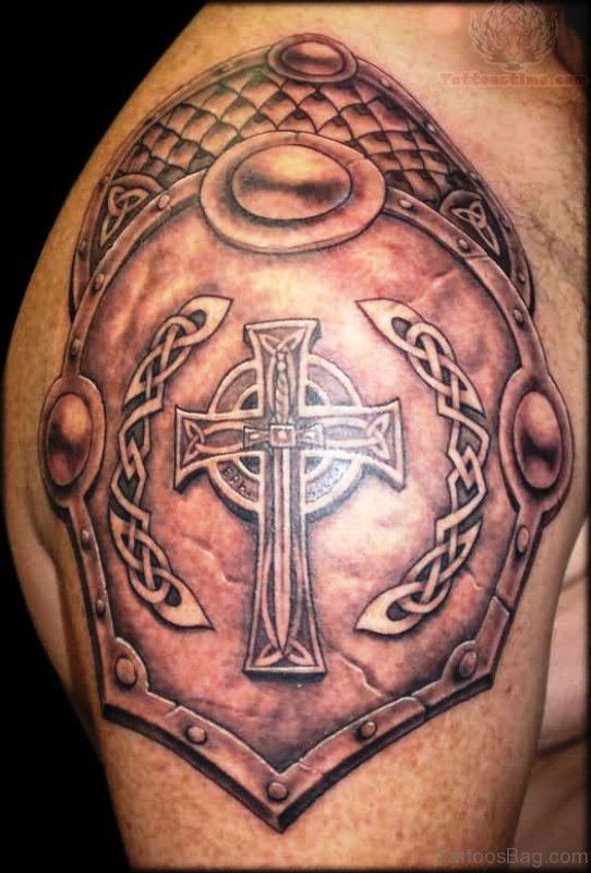 Celtic Cross Armor Tattoo On Shoulder