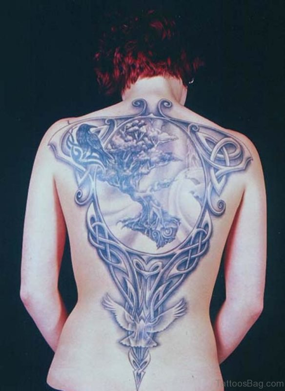 Celtic Knot Tree Crow And Dove Tattoo On Back