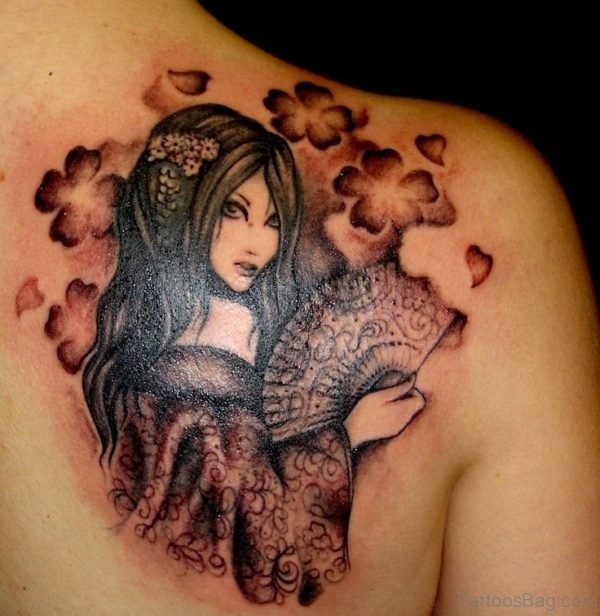 Charming Girl Tattoo Design On Upper Back Shoulder