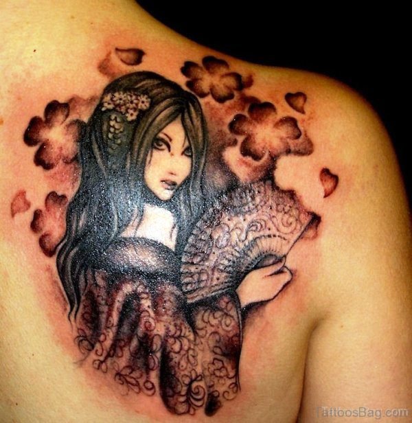 Charming Girl Tattoo On Back Shoulder