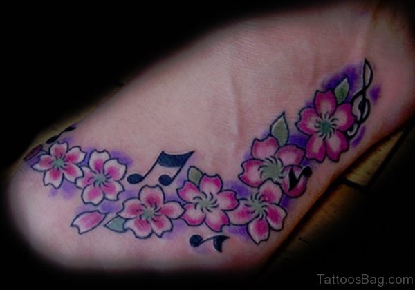 Cherry Blossom Music Note Tattoo On Foot