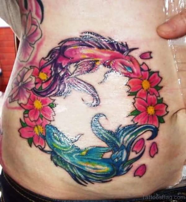 Circle Flower Koi Fish Tattoo On Stomach