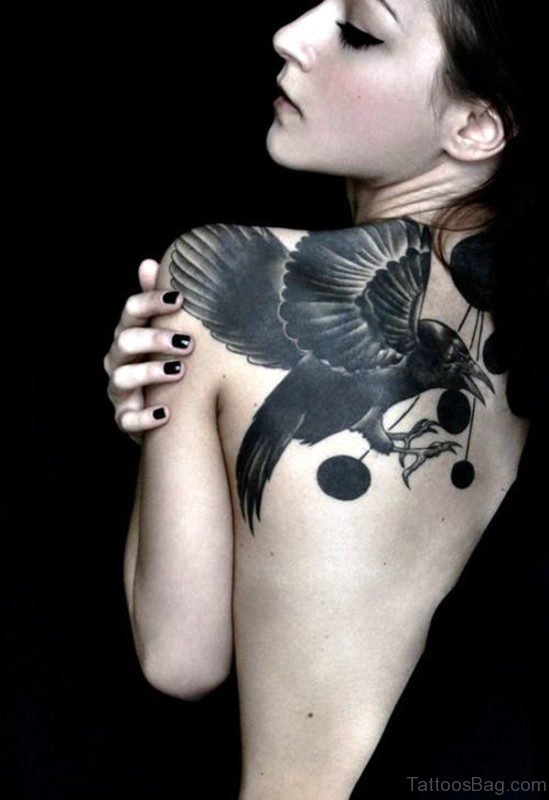 Classic Crow Tattoo On Back Shoulder