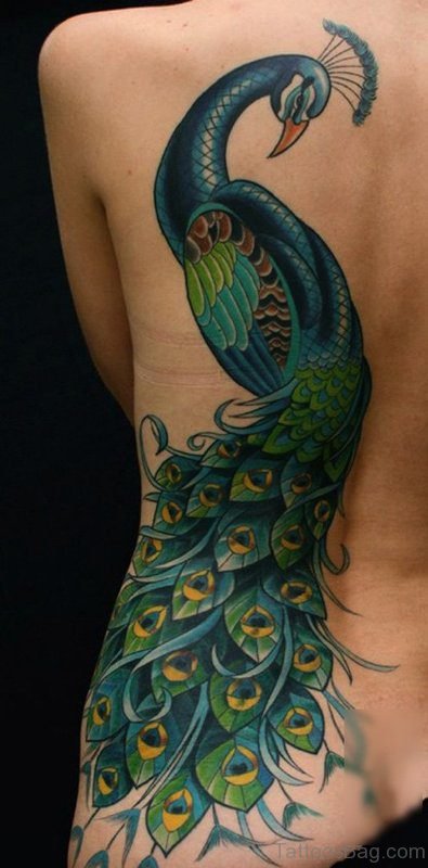 Classy Peacock Tattoo On Back