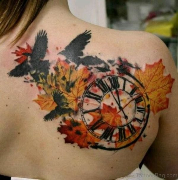 Clock And Leaf Tattoo