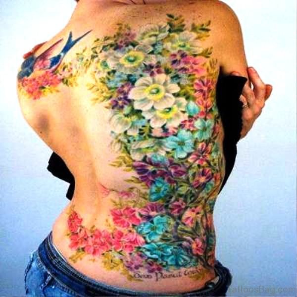 Clorful Flowers Vine Tattoo On Back