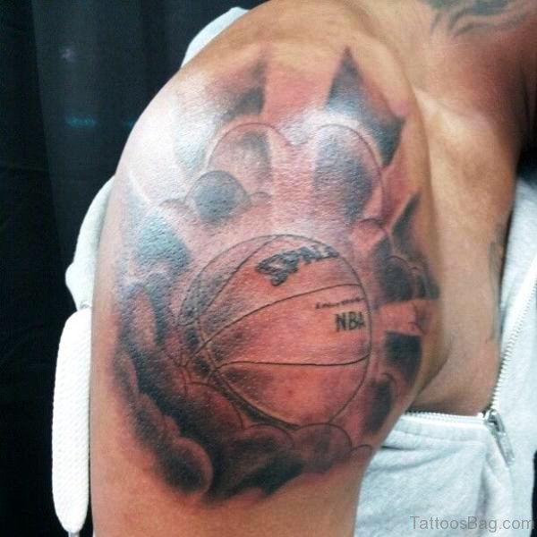 Clouds And Basketball Tattoo On Shoulder