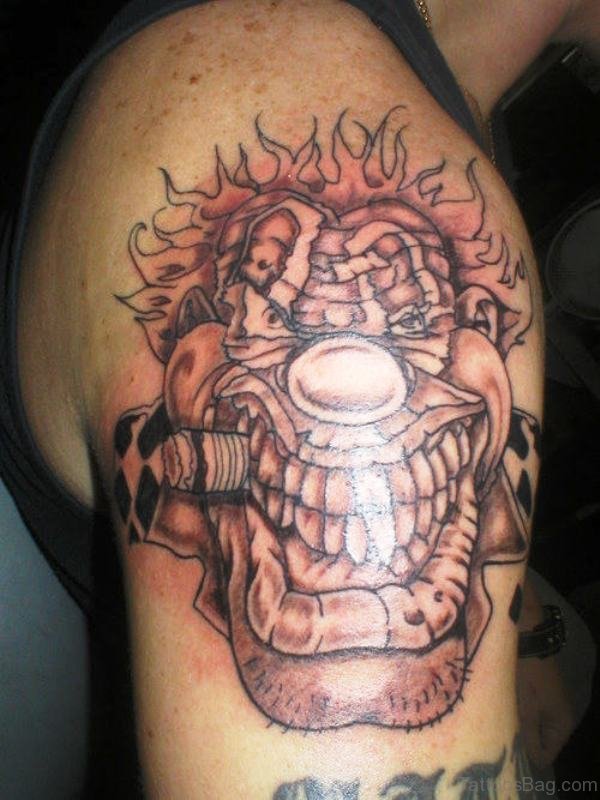 Clown Evil Laughing Tattoo On Shoulder