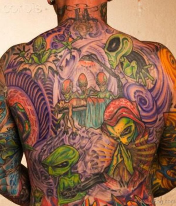 Colored Alien Tattoo On Back